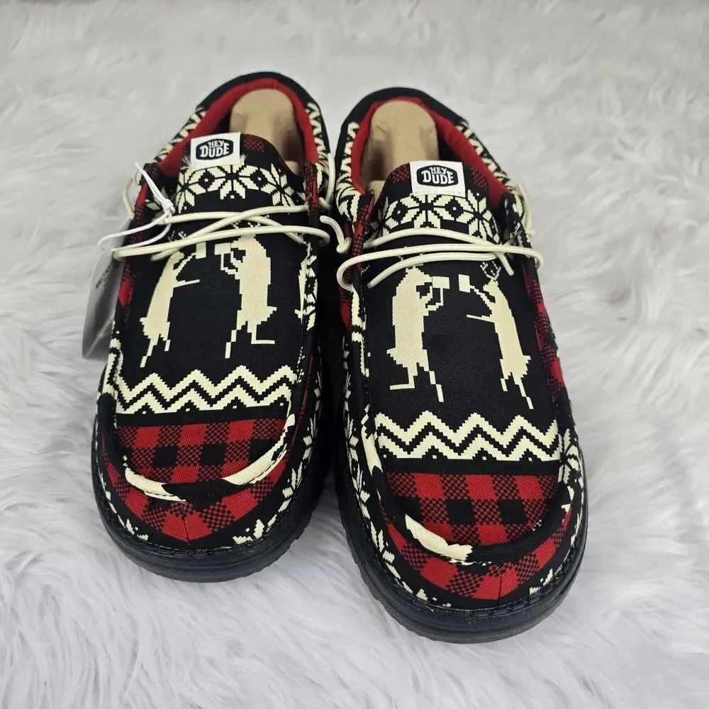 Hey Dude Wally Holiday Cheers Men's Size 12 Black Red Shoes Christmas Dudes